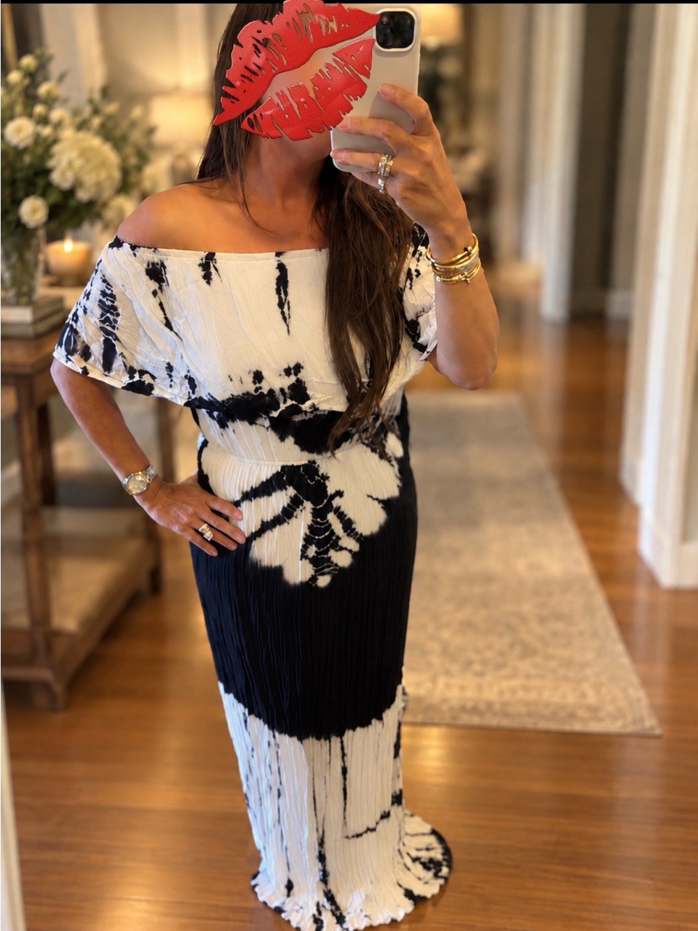 Convertible Strapless or off the shoulder Navy & White Tie-Dye Maxi Dress - Picture 2 of 3